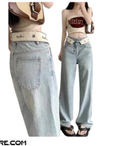 Quần Jeans Nữ Ống Rộng Cạp Bẻ in Chữ Thiết Kế Đẹp Mắt Cá Tính