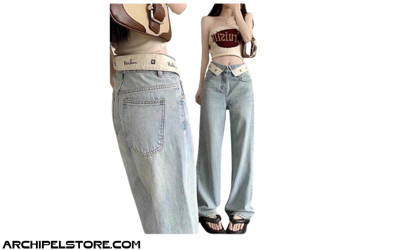 Quần Jeans Nữ Ống Rộng Cạp Bẻ in Chữ Thiết Kế Đẹp Mắt Cá Tính