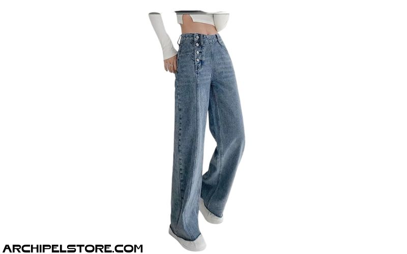 Quần Jeans Ống Rộng Cạp Cao Cúc Lệch Màu Xanh