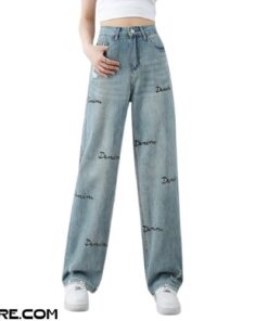 Quần Jeans Ống Rộng Cạp Cao Thêu Chữ Cực Đẹp