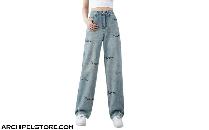 Quần Jeans Ống Rộng Cạp Cao Thêu Chữ Cực Đẹp