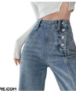 Quần Jeans Ống Rộng Cạp Cao Cúc Lệch Màu Xanh