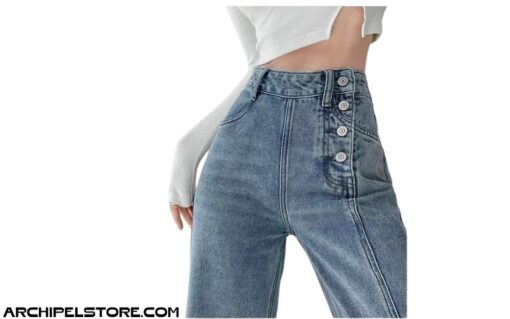 Quần Jeans Ống Rộng Cạp Cao Cúc Lệch Màu Xanh